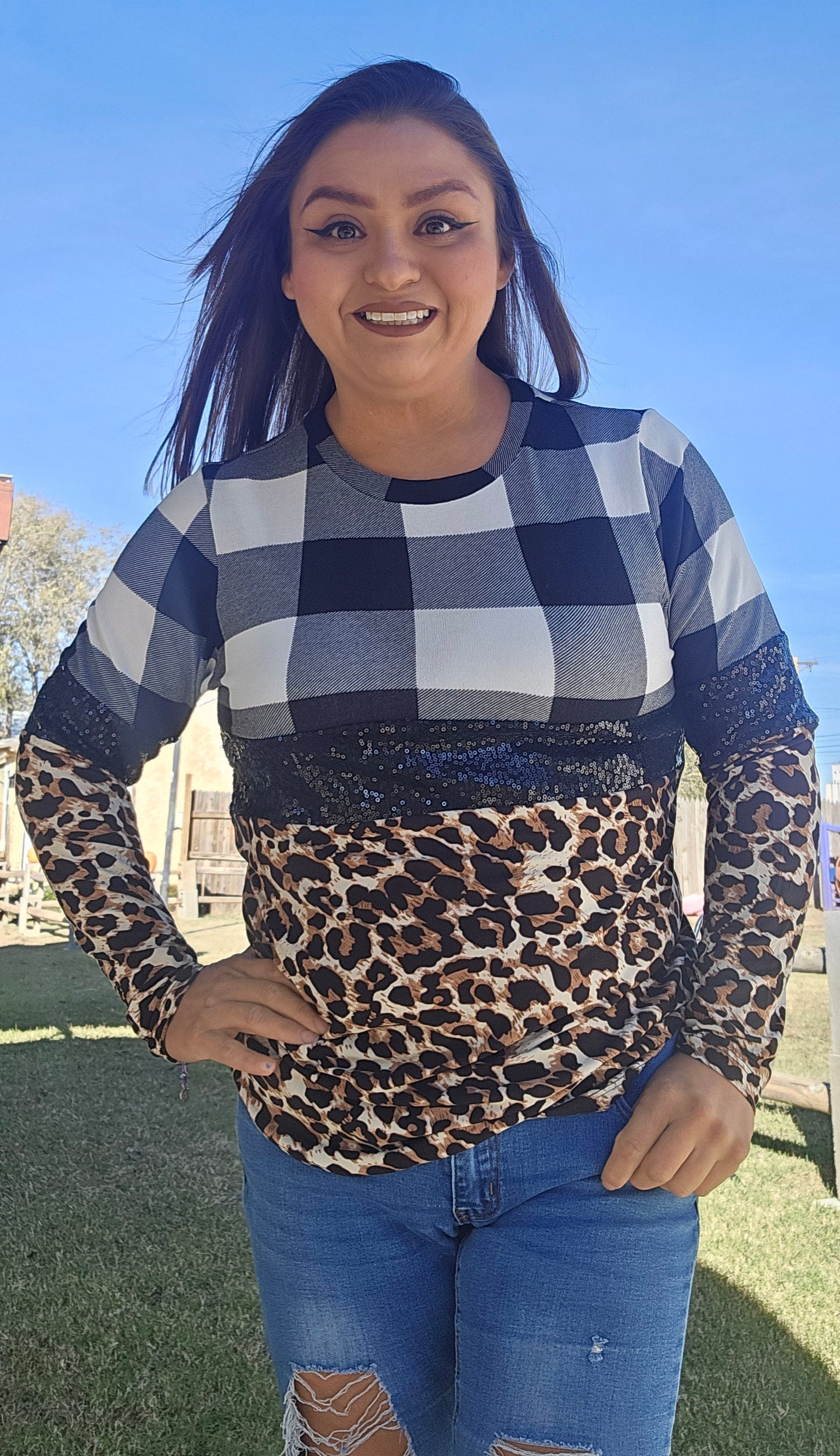 Plaid and Leopard Sequins Top