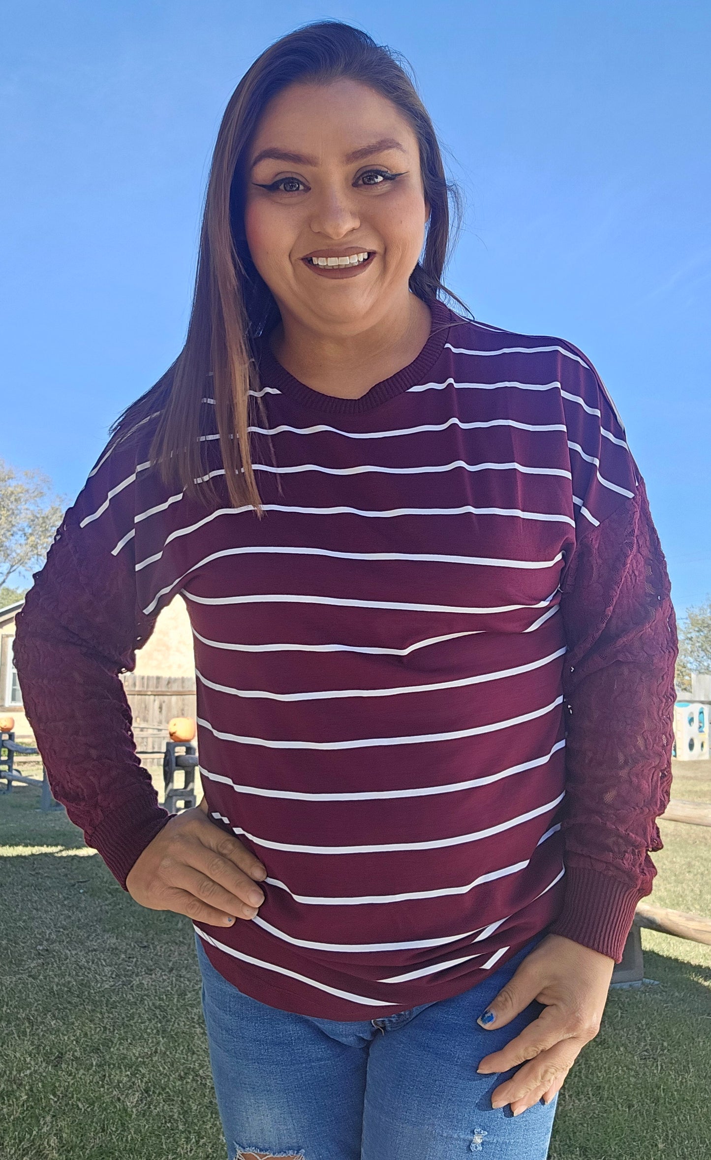 Maroon Stripe Lace Top