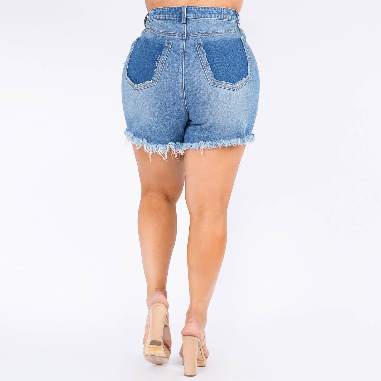 PLUS SIZE HIGH RISE DISTRESSED DENIM SHORTS