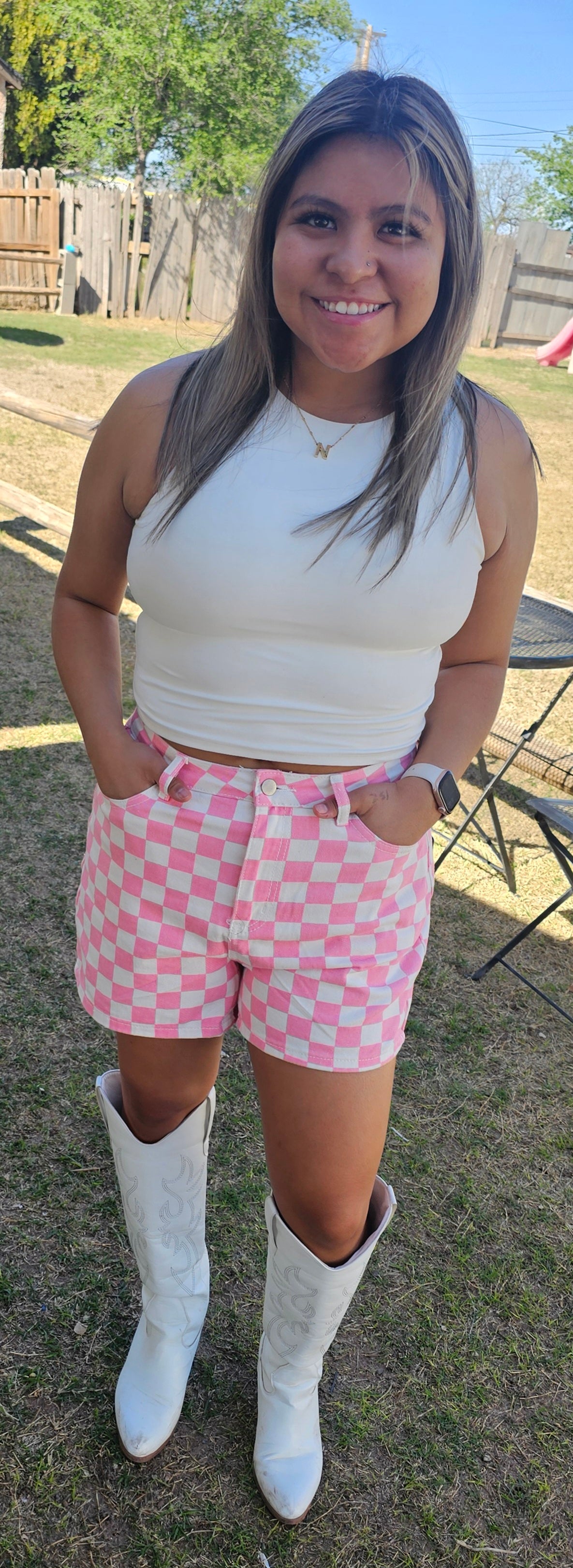 HIGH WAIST CHECKER PRINT SHORTS