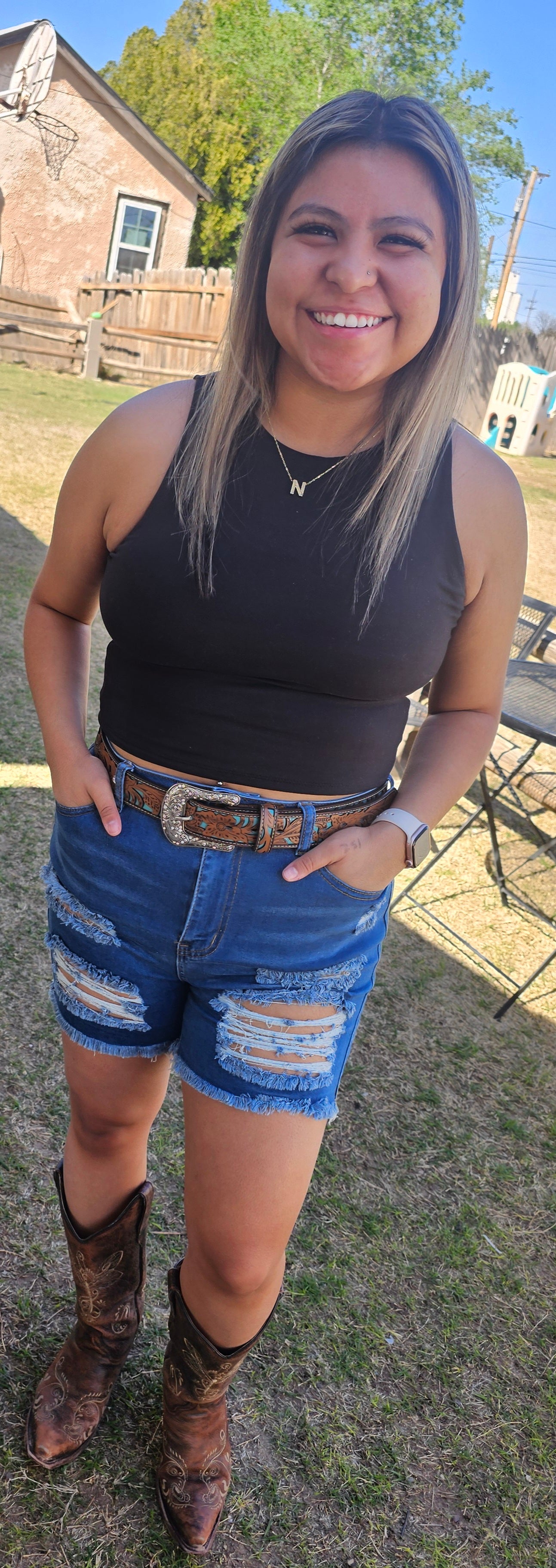 DISTRESSED HIGH RISE DENIM SHORTS