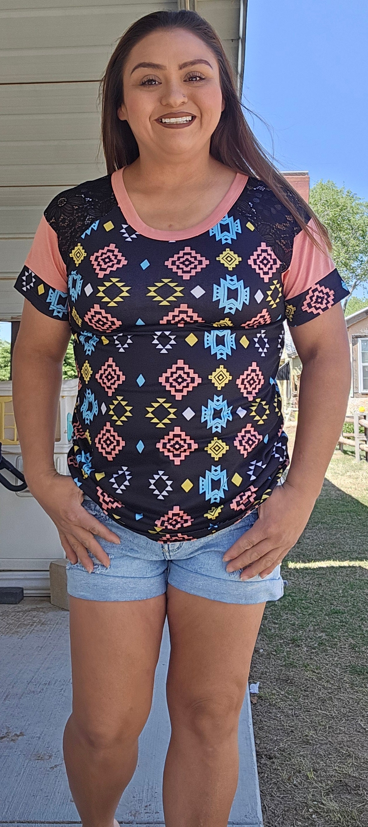 Mint, Pink & Mustard Aztec Lace Top
