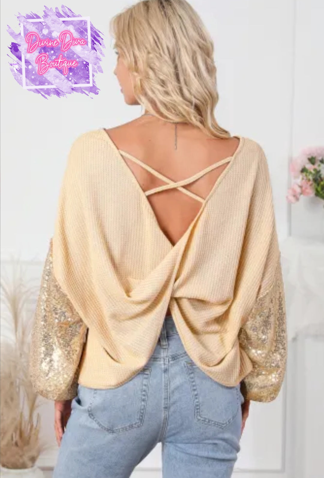 Sequin Waffle Open Back Top